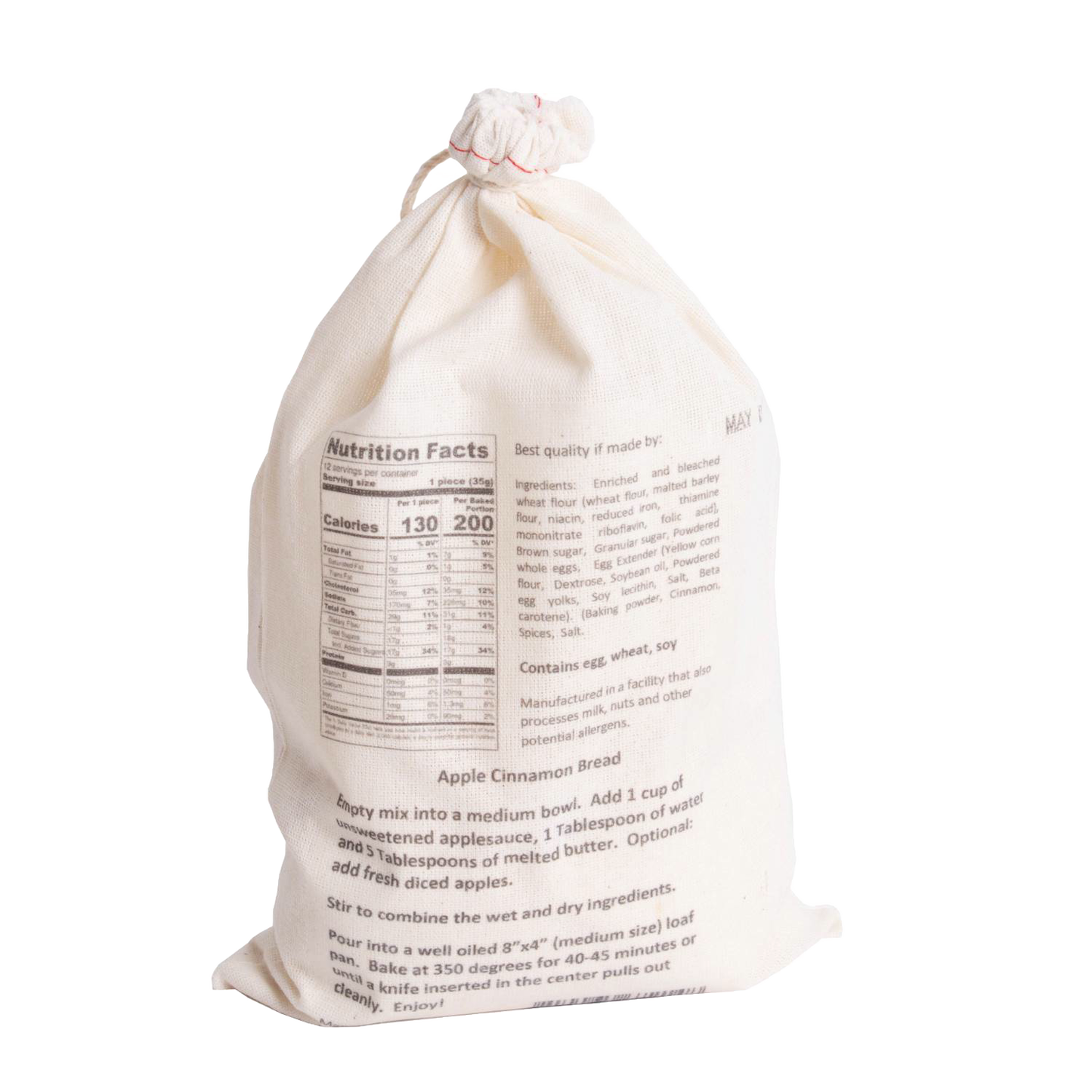 Natural fabric drawstring bag with handcrafted Apple Cinnamon Bread mix featuring detailed nutrition facts and baking instructions, perfect for Kitchen & Food, Pantry, Dry Goods and Mixes, Best Sellers, and Promo Eligible collections.