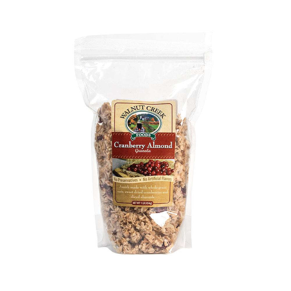 Clear resealable bag of handcrafted Amish-made granola with cranberries and almonds, made in USA with all-natural ingredients, featured in Kitchen & Food and Snacks collections.