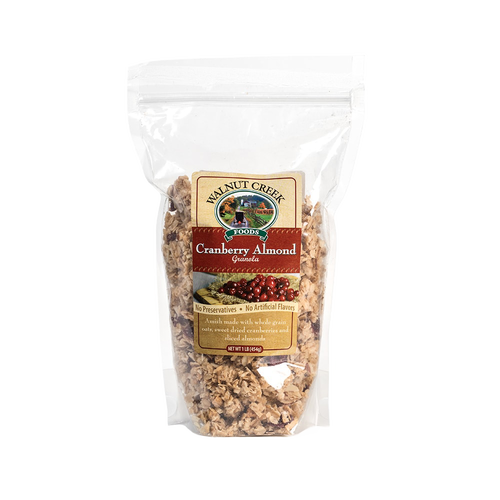 Clear resealable bag of handcrafted Amish-made granola with cranberries and almonds, made in USA with all-natural ingredients, featured in Kitchen & Food and Snacks collections.