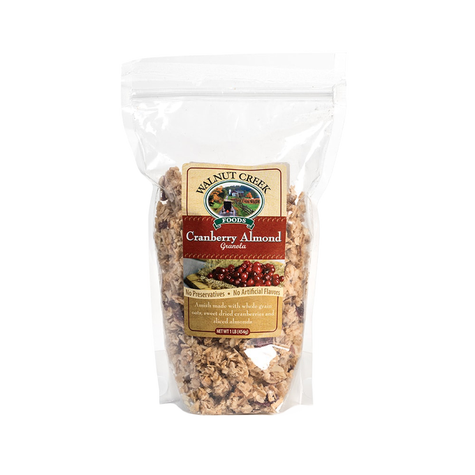 Clear resealable bag of handcrafted Amish-made granola with cranberries and almonds, made in USA with all-natural ingredients, featured in Kitchen & Food and Snacks collections.