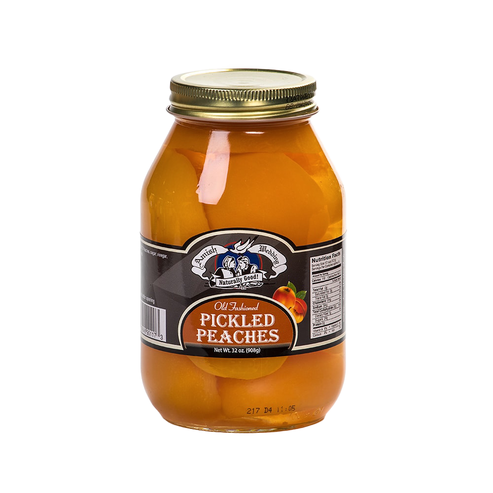 Glass jar of handcrafted old-fashioned pickled peaches in natural brine, made in USA, featured in Kitchen & Food, Food, Pantry, USA Made, Best Sellers, Promo Eligible collections.