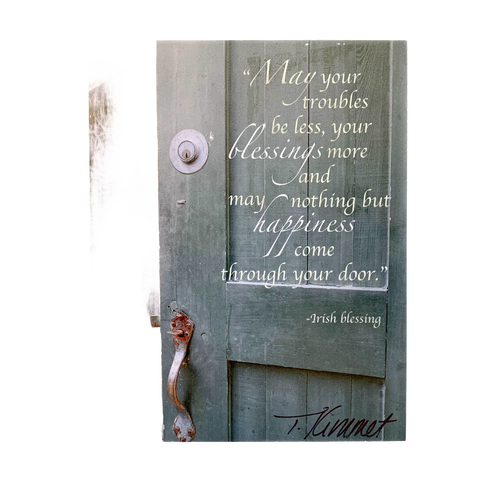 Handcrafted 5"x7" plaque featuring a rustic green door with an Irish blessing inspiring happiness and blessings, ideal uplifting wall or desk art for Home & Decor, Best Sellers, and Promo Eligible collections.