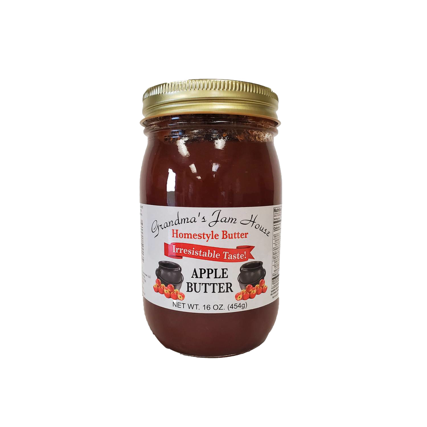 Jar of handcrafted apple butter with gold lid and label featuring red fruit illustrations, part of Kitchen & Food, Food, Pantry, Peanut Butter & Jellies, USA Made, Best Sellers collections.