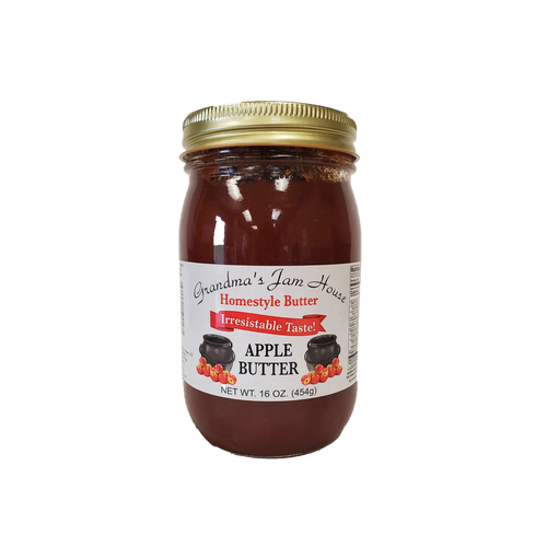 Jar of handcrafted apple butter with gold lid and label featuring red fruit illustrations, part of Kitchen & Food, Food, Pantry, Peanut Butter & Jellies, USA Made, Best Sellers collections.