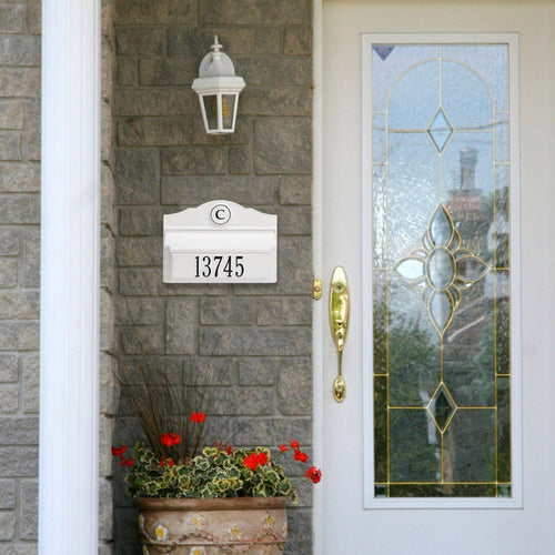 Handcrafted white and black wall mount mailbox featuring a personalized monogram and house number, made in USA, enhancing curb appeal in Home & Decor, Household Helpers, and Mailboxes and Address Signs collections.