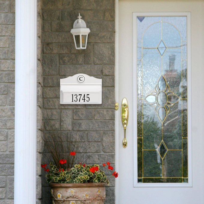 Handcrafted white and black wall mount mailbox featuring a personalized monogram and house number, made in USA, enhancing curb appeal in Home & Decor, Household Helpers, and Mailboxes and Address Signs collections.