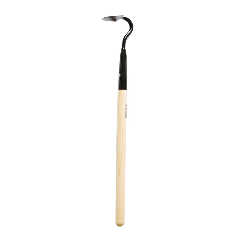 Cultivating garden tool with a smooth natural wooden handle and black metal curved head, handcrafted for efficient soil care and hand weeding in farm and garden use.