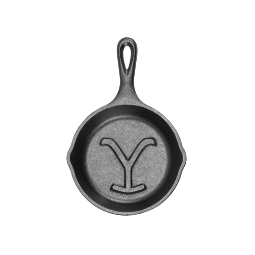 Handcrafted cast iron skillet featuring a distinctive embossed "Y" design, made in USA, perfect for Kitchen & Food, Cookware, Cast Iron, and Best Sellers collections.