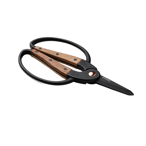 Gardening scissors with rust-resistant steel blades and ergonomic walnut handles, designed for comfortable use with gloves, part of Farm, Garden & Tool and Best Sellers collections.