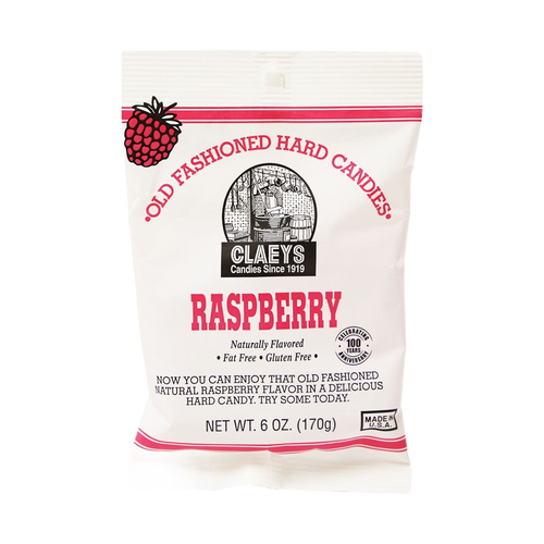 White bag of handcrafted raspberry flavored old-fashioned hard candies, fat free and gluten free, made in USA, ideal for Kitchen & Food, Snacks and Sweets, USA Made, and Best Sellers collections.