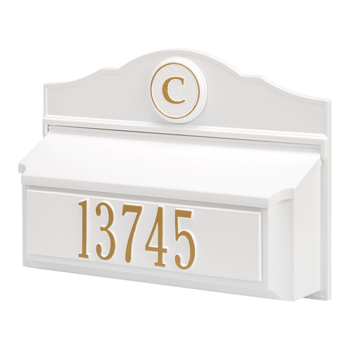 Handcrafted white and gold wall-mounted mailbox featuring a personalized monogram and house number, made in USA, enhancing curb appeal in Home & Decor and Mailboxes collections.