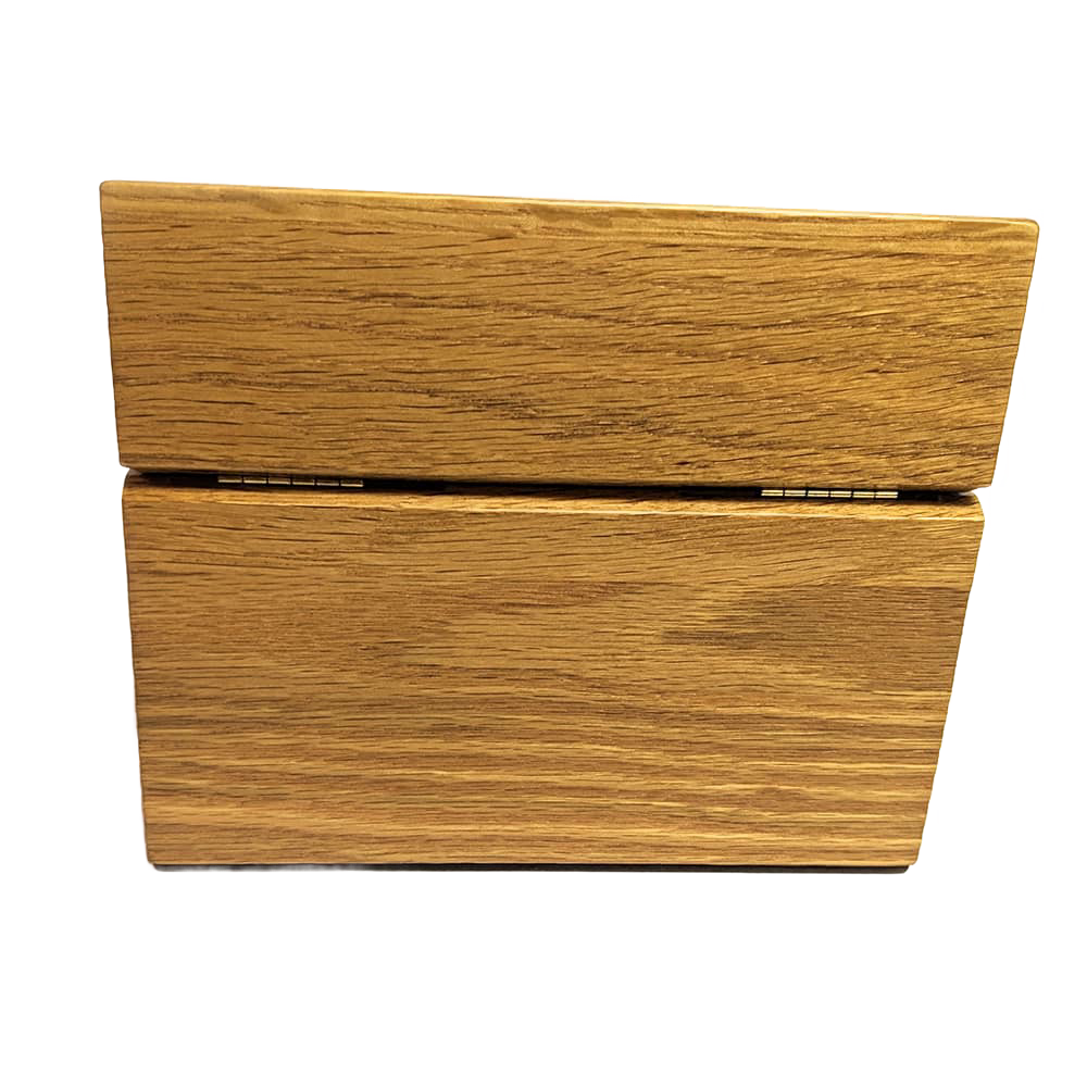 Handcrafted oak recipe box with smooth protective finish and recessed hinges, designed for Kitchen & Food, Baking Supplies, Storage and Serving, USA Made, and Best Sellers collections.