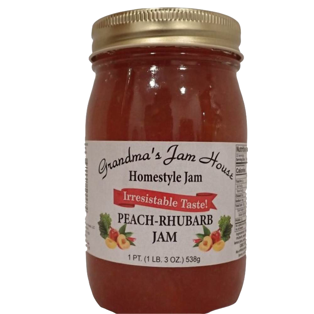 Jar of handcrafted peach-rhubarb jam with gold lid and white label featuring fruit illustrations, made in USA, perfect for Kitchen & Food, Pantry, Peanut Butter & Jellies, Best Sellers, and Promo Eligible collections.