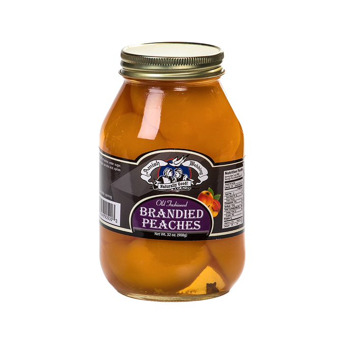 Handcrafted glass jar of old-fashioned brandied peach halves in syrup, locally made in USA, featured in Kitchen & Food, Food, Pantry, USA Made, Best Sellers, Promo Eligible collections.