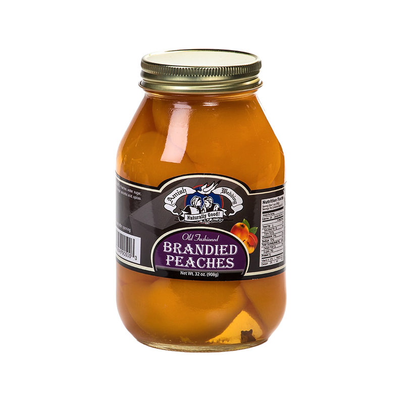 Handcrafted glass jar of old-fashioned brandied peach halves in syrup, locally made in USA, featured in Kitchen & Food, Food, Pantry, USA Made, Best Sellers, Promo Eligible collections.