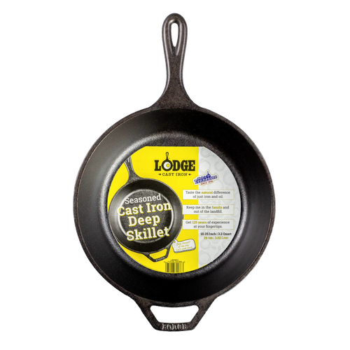 Top view of a seasoned cast iron deep skillet with assist handle, designed for versatile cooking on stove, oven, grill, or campfire, featured in Farm, Garden & Tool, Kitchen & Food, Camping, Cookware, Cast Iron, Best Sellers, and Promo Eligible collections.