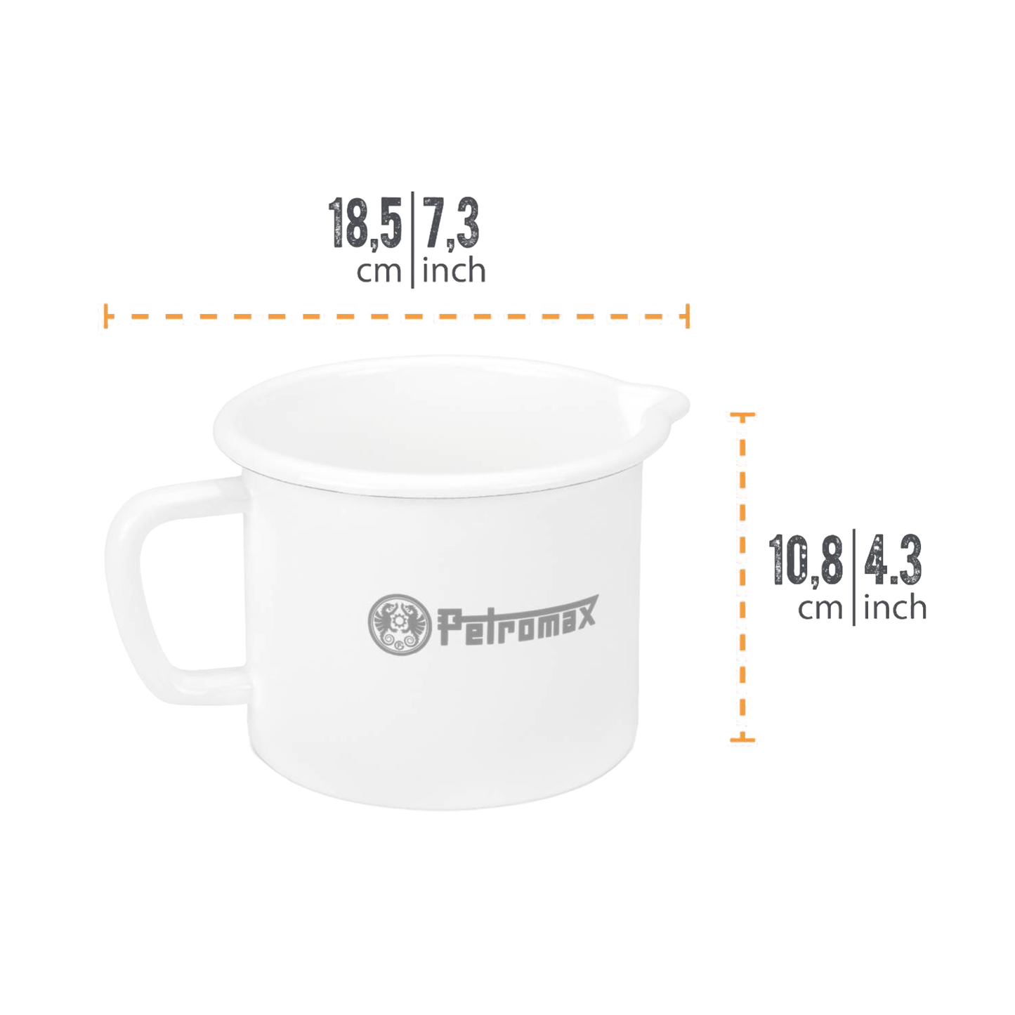 White enameled steel milk pot with sturdy handle and pour spout, handcrafted for lightweight, durable use in Farm, Garden & Tool, Kitchen & Food, Camping, Cookware, Pots and Pans, and Best Sellers collections.