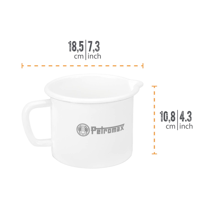White enameled steel milk pot with sturdy handle and pour spout, handcrafted for lightweight, durable use in Farm, Garden & Tool, Kitchen & Food, Camping, Cookware, Pots and Pans, and Best Sellers collections.