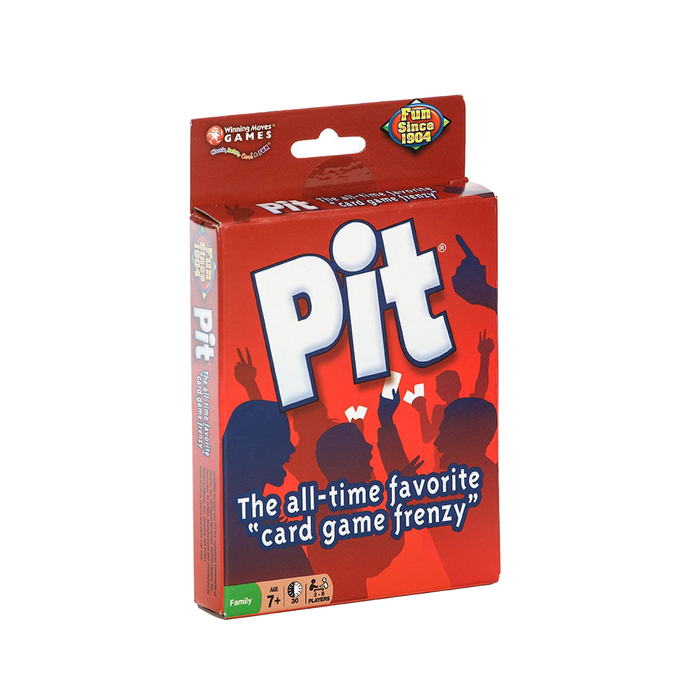 Bright red box of a fast-paced, lively card game featuring bold white "Pit" text and silhouette of cheering players, ideal for Toys, Books & Games and Best Sellers collections.