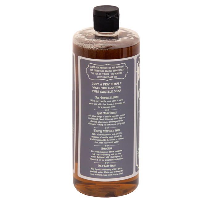 Clear amber bottle of handcrafted Lehman's concentrated castile liquid soap with usage instructions on label, highlighting natural, multi-use formula made in USA for Health & Wellness, Grooming, and Soaps collections.