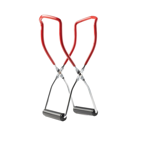 Pair of handcrafted canning jar lifters with red handles and black gripping ends, designed for safe food preservation in Kitchen & Food and Canning Accessories collections.