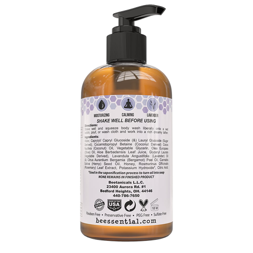 Back view of Beessential Natural Body Wash 8 oz amber pump bottle displaying detailed ingredients list, usage instructions, and certification icons; handcrafted USA made product included in Health & Wellness, Soaps, and Best Sellers collections.
