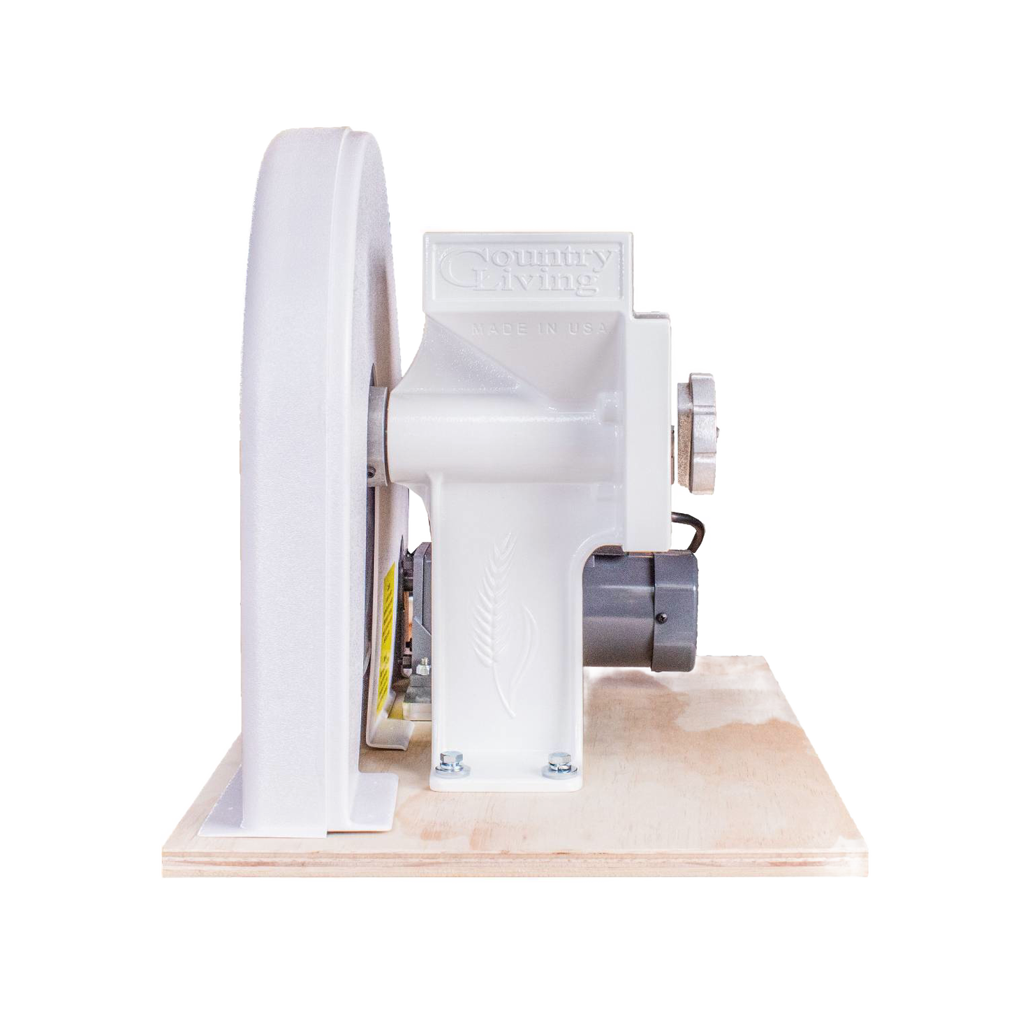 Handcrafted USA made motorization kit with gear-reduced electric motor, belt, pulley, and mounting board for grain mills, perfect for Kitchen & Food and Bread Making Supplies collections.