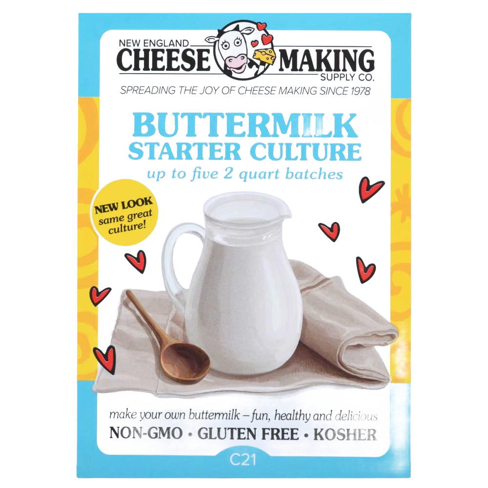 Package of buttermilk starter culture featuring a glass pitcher of fresh buttermilk with wooden spoon and cloth, ideal for Kitchen & Food, Specialty Equipment, DIY Cheese and Yogurt, Best Sellers, Promo Eligible, and Sale collections.