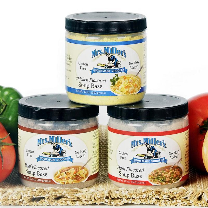 Three Amish made handcrafted 12-oz canisters of gluten-free soup bases with no MSG added, showcasing chicken, beef, and ham flavors, ideal for Kitchen & Food, Dry Goods and Mixes, Soups, Gluten Free, USA Made, Best Sellers, and Promo Eligible collections.
