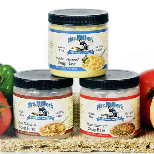 Three Amish made handcrafted 12-oz canisters of gluten-free soup bases with no MSG added, showcasing chicken, beef, and ham flavors, ideal for Kitchen & Food, Dry Goods and Mixes, Soups, Gluten Free, USA Made, Best Sellers, and Promo Eligible collections.