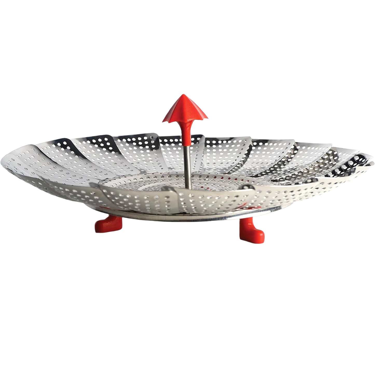 Expandable stainless steel umbrella-shaped vegetable steamer basket with red handle and feet, ideal for Kitchen & Food, Cookware, Pots and Pans, Kitchen Gadgets, and Best Sellers collections.