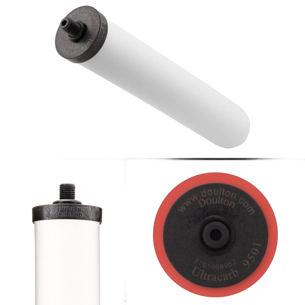 Replacement Ultracarb water filter element with activated carbon and ceramic construction, designed for Doulton countertop and undersink systems, featured in Appliances and Emergency Supplies collections.