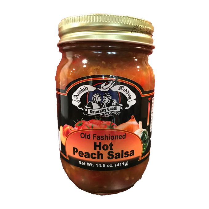 Glass jar of handcrafted Amish Wedding old fashioned hot peach salsa with a thick, chunky texture, made in USA, ideal for Kitchen & Food, Snacks and Sweets, Pantry, and Best Sellers collections.