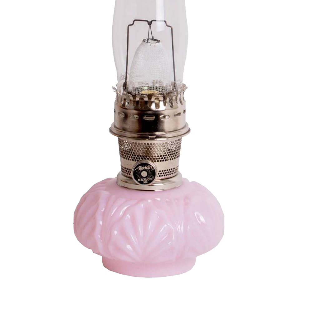Handcrafted limited edition oil lamp with pink Crown Tuscan glass base and bright metal burner, featuring a clear tall chimney, ideal for Lamps & Lighting, Oil Lamps, Table Lamps, and Best Sellers collections.