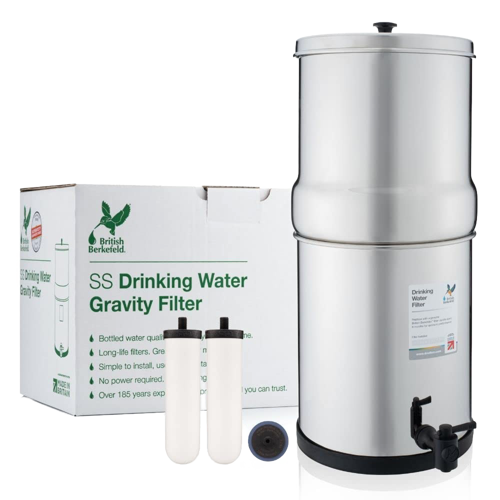 Mid-size stainless steel gravity water filter with two ceramic filter elements and spigot, ideal for clean drinking water in camping, emergency, farm, and garden use, offered by Lehman's.
