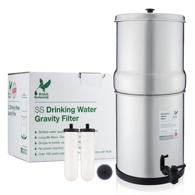 Mid-size stainless steel gravity water filter with two ceramic filter elements and spigot, ideal for clean drinking water in camping, emergency, farm, and garden use, offered by Lehman's.