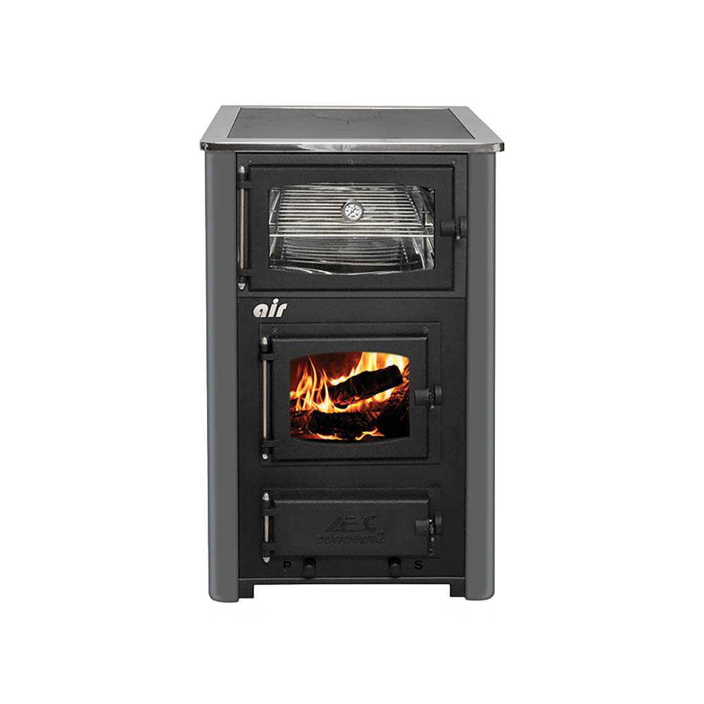 Compact wood-burning cookstove with a visible flame through the firebox door and a top oven compartment, featuring a sturdy black metal design for stove and cookstove collections.