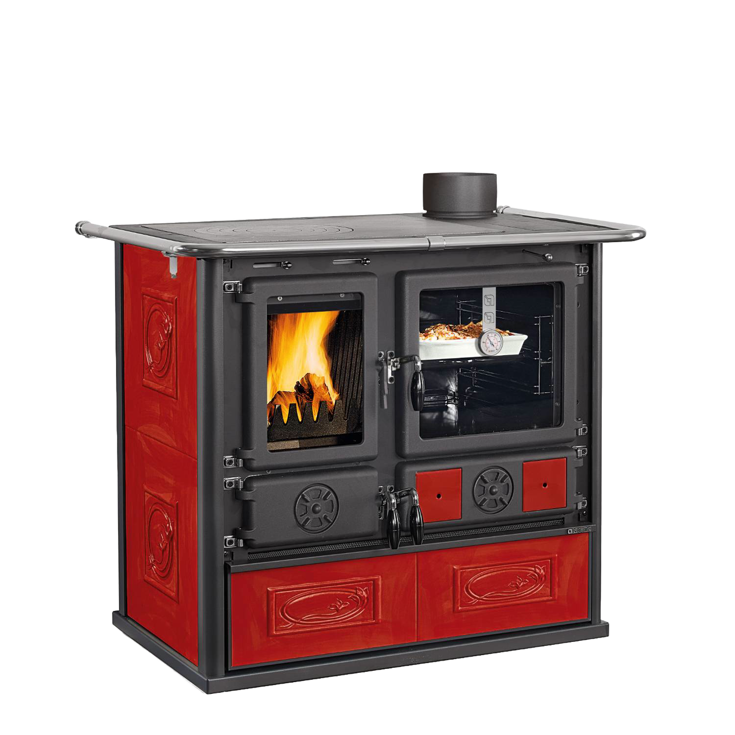 Cast iron wood cook stove with red majolica panels, panoramic ceramic glass fire door, and enamel steel oven, ideal for Stoves, Cookstoves, Best Sellers, and All Stoves & Appliances collections.