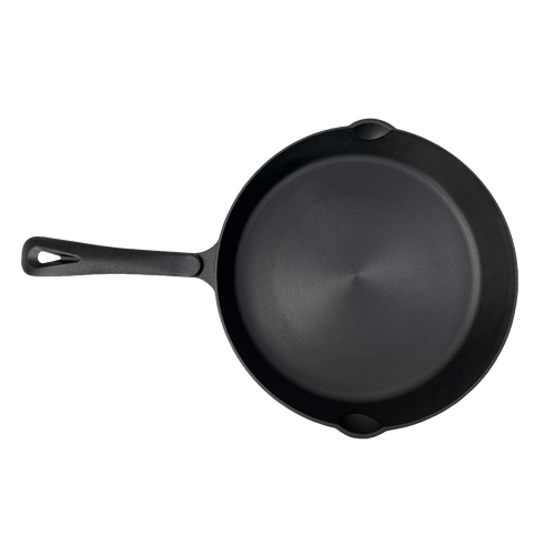 Handcrafted nitrided cast iron skillet with a stick-resistant surface and dual pour spouts, designed for camping and outdoor cooking, featured in Farm, Garden & Tool and Kitchen & Food collections.