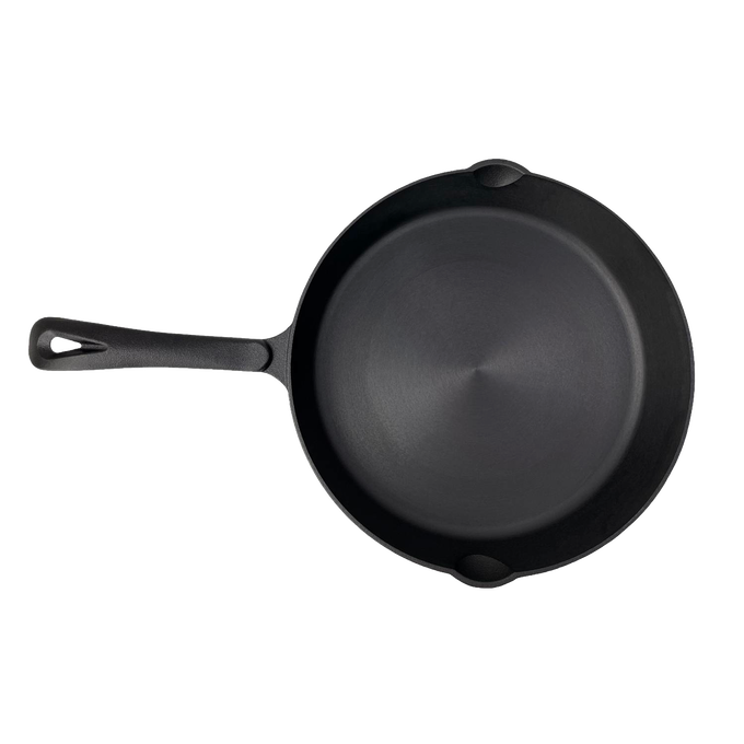 Handcrafted nitrided cast iron skillet with a stick-resistant surface and dual pour spouts, designed for camping and outdoor cooking, featured in Farm, Garden & Tool and Kitchen & Food collections.