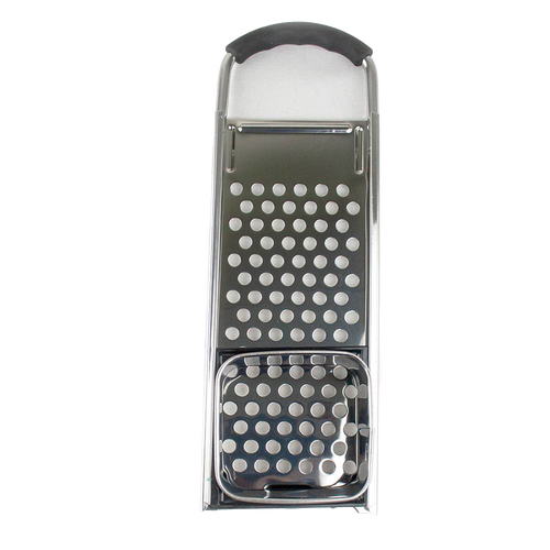 Handcrafted spaetzle maker featuring a stainless steel grater and sliding square hopper with black rubber grip, designed for easy noodle preparation, ideal for Kitchen & Food, Cookware, Baking Supplies, Kitchen Gadgets, Cooking and Baking Helpers, Best Sellers, and Promo Eligible collections.