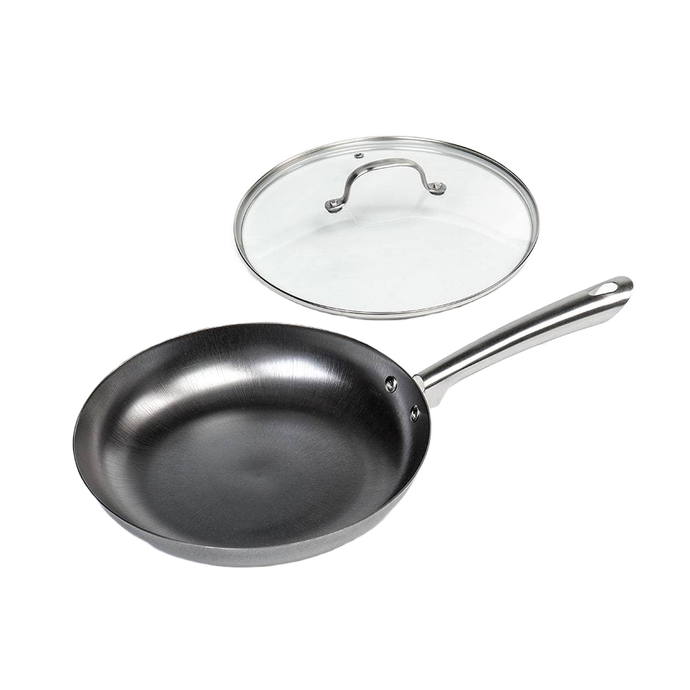 Hand-finished nitrogen-hardened cast iron skillet with a smooth stainless steel handle and a clear glass lid, ideal for Kitchen & Food, Cookware, Cast Iron, and Best Sellers collections.
