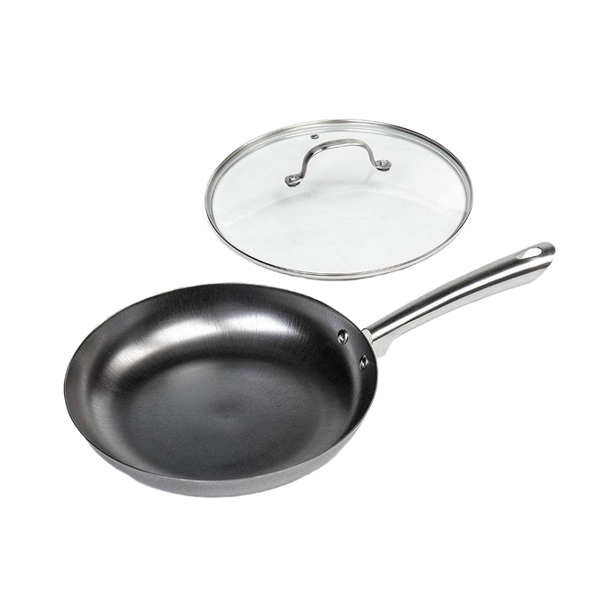 Hand-finished nitrogen-hardened cast iron skillet with a smooth stainless steel handle and a clear glass lid, ideal for Kitchen & Food, Cookware, Cast Iron, and Best Sellers collections.