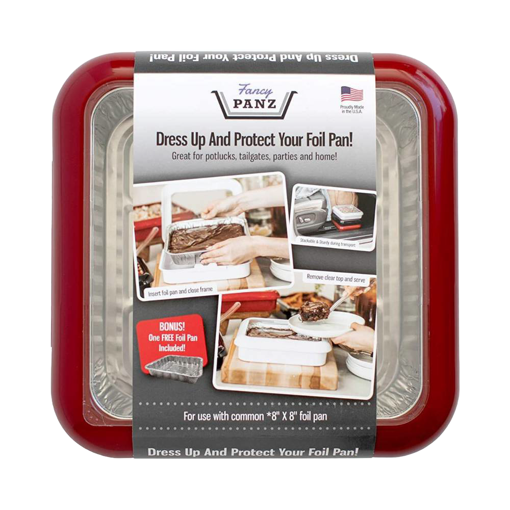 Red Fancy Panz travel cover designed for 8x8 foil pans with removable clear window, sturdy frame, and made in USA for Kitchen & Food, Storage and Serving, Kitchen Gadgets collections.