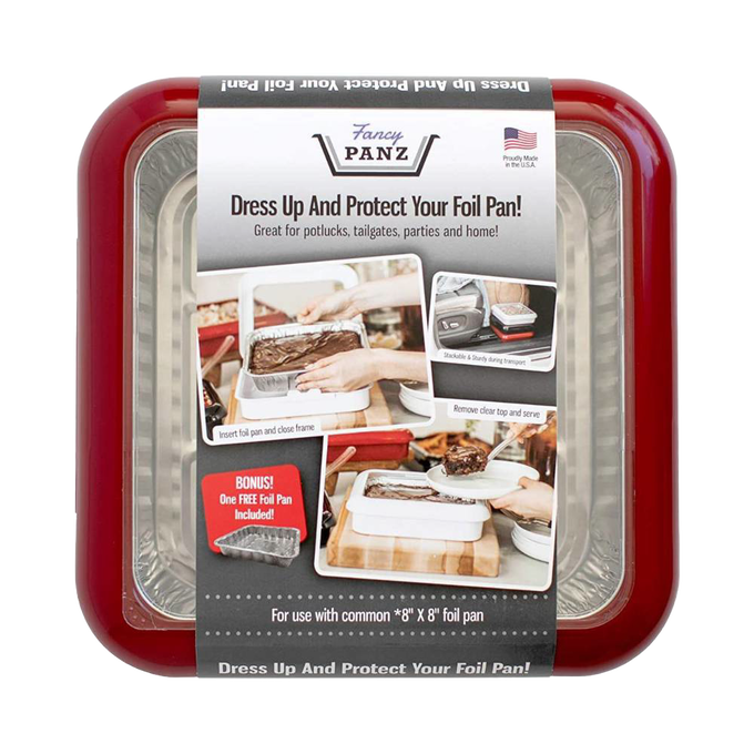 Red Fancy Panz travel cover designed for 8x8 foil pans with removable clear window, sturdy frame, and made in USA for Kitchen & Food, Storage and Serving, Kitchen Gadgets collections.