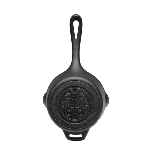 Heavy-duty cast iron saucepan with self-basting lid, featuring embossed design on bottom and extended handle, ideal for camping, farm, garden, and outdoor cooking.