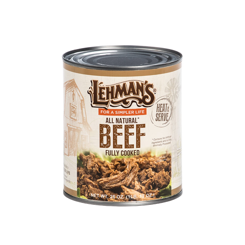 Can of handcrafted fully cooked all natural beef with brown label featuring rustic farm illustrations, ideal for Farm, Garden & Tool, Kitchen & Food, Emergency Supplies, and Best Sellers collections.