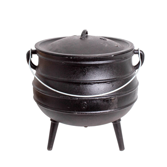 Handcrafted Amish cast iron kettle with a rounded body, fitted lid, wire bail handle, and three legs, designed for durable outdoor cooking in Farm, Garden & Tool, Camping collections.