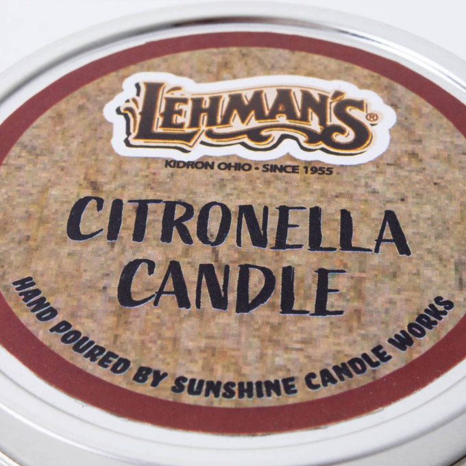 Hand-poured citronella candle in a lightweight metal tin with branded lid, crafted for use in camping, pest control, and outdoor lighting within Farm, Garden & Tool and Lamps & Lighting collections.