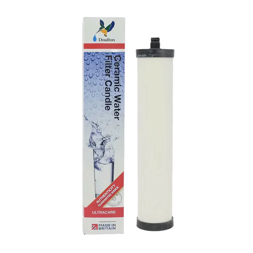 Ultracarb ceramic water filter element with black end caps, designed to reduce chlorine, bacteria, cysts, sediment, and heavy metals, suitable for appliances, emergency supplies, and water treatment collections.